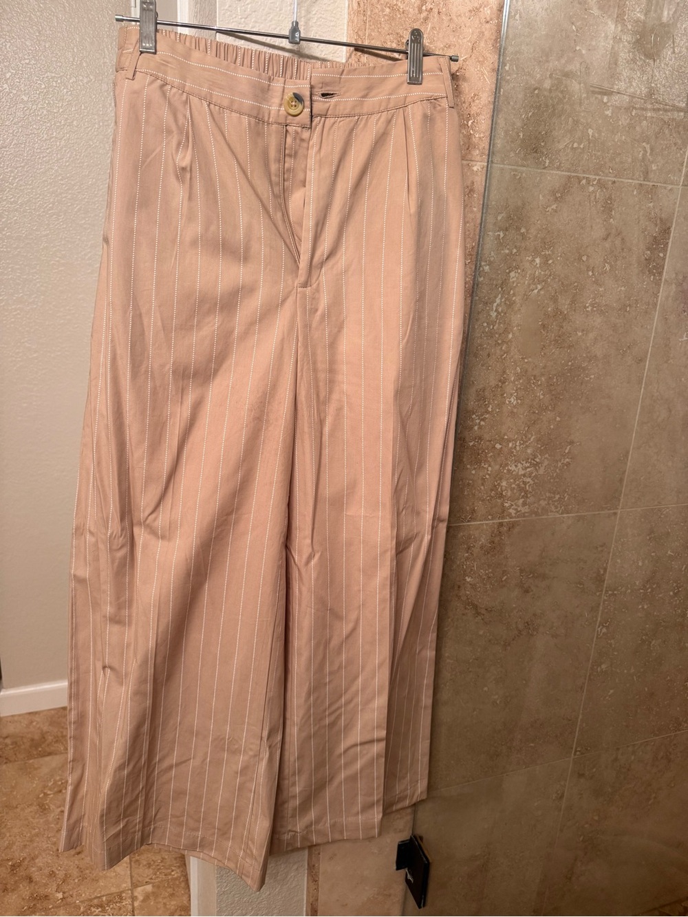 PrettyLittleThing women’s Tan Pinstripe Relaxed-Waist Chinos